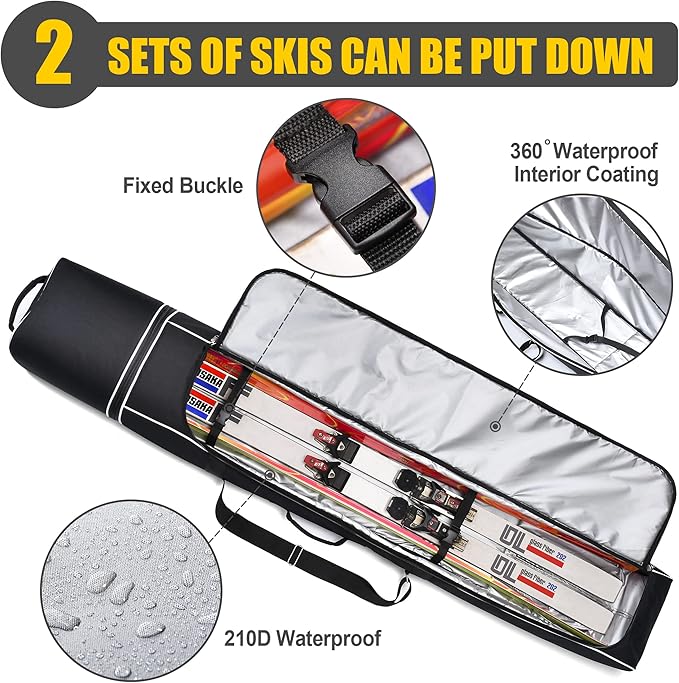 Partage Ski Bag - Ski Bag with Wheels Waterproof Ski Travel Bag Ski Boot Bag 600D Heavy Duty Oxford Fabric - Adjustable Length Up to 200cm Easy to Store and Transport Suitable for Men Women