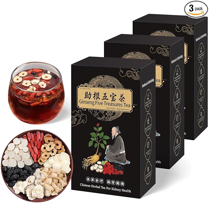Ginseng Five Treasures Tea Kidney Tea, Chinese Ginseng Six Treasure Tea Organic Kidney Cleanse Detox Tea for Women and Men's Kidney Health, 7 Precious Ingredients Formula (45 Bags/3 Boxes)