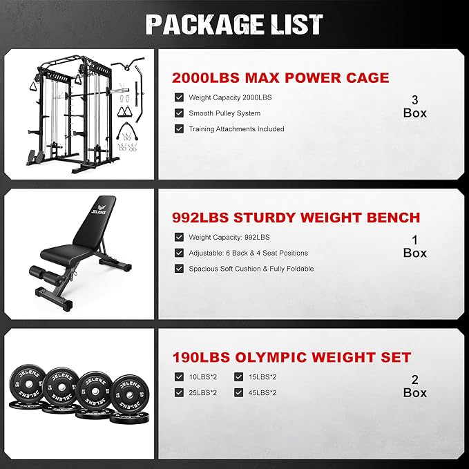 M21 Smith Machine, Multi-Function Power Cage with Dual Pulley Cable Crossover System, 2000LBS All-in-One Squat Rack with Smith Bar and Attachments