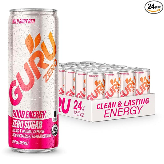 GURU ZERO SUGAR Wild Ruby Red Organic Energy Drinks, Clean Energy Drink with Plant Based Natural Caffeine from Green Tea, Coconut Water, Prebiotic, Zero Added sugars, Gluten Free and Vegan, Pre Workout, Healthy Drinks, 12oz (Pack of 24)