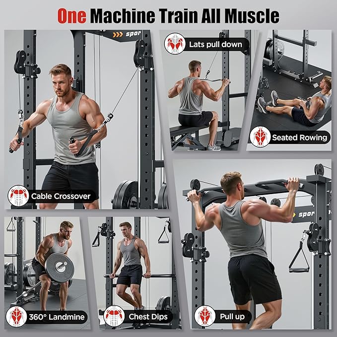 Sportsroyals Power Cage,1600lbs Multi-Function Power Rack with Adjustable Cable Crossover System and More Training Attachment, Weight Cage for Home Gym