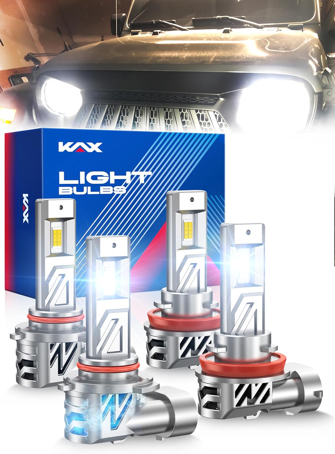 KAX 2025 10X Brightener 9005 H11 Led Bulbs Combo for Car Owners, 100000Lm HB3 H9 for Drivers at Night, H11 During Bad Weather, HB3 H8 1:1 Real Size, 100000 Hours Lifespan, 99% Fit Vehicles, 4 Pack