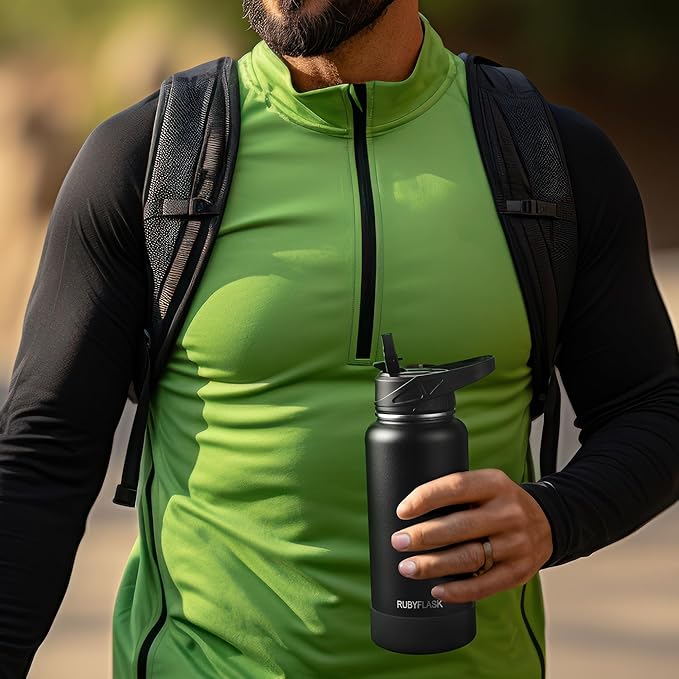 64oz Insulated Water Bottle with Straw, Half Gallon Stainless Steel Vacuum Water Jug, Large Thermal Water Bottle Flask with Leakproof 3 Lids for Travel, Camping, Gym Sports Light Blue