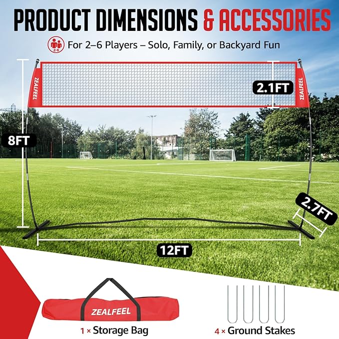Volleyball Net, 12FT Training Set with 3-Level Adjustable Height (8'/7.4'/6.6'), Freestanding Portable Practice Net for Backyard, Serving & Spiking Drills, with Carry Bag for Outdoor & Indoor