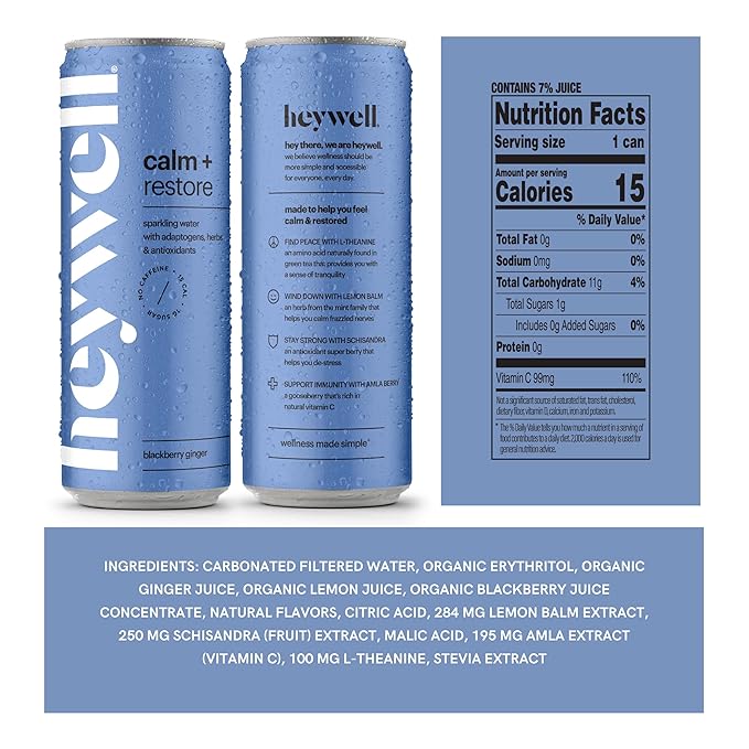 Heywell Sparkling Adaptogenic Water Calm and Restore, Blackberry Ginger Flavor 12 Fluid Ounce (Pack of 12) - Non Caffeinated, Organic, Non GMO, Vegan, Gluten Free, Dairy Free