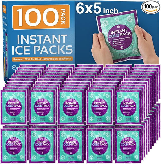 Disposable Instant Ice Packs for Injuries 100 Packs (6” x 5”) | Instant Ice Cold Pack - Cold Compress Ice Pack for Pain Relief, First Aid Essential, Swelling, Toothache, Athletes & Outdoor Activities