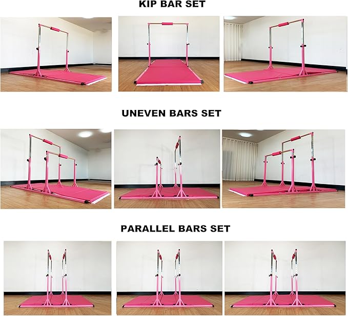 Gymnastics Double Horizontal Bars 3Play Parallel Bars Uneven Bars Gymnastics Training Kip Bar with 304 Stainless Steel Regulating Arms & Fiberglass Rail for Indoor Outdoor Home Club Use