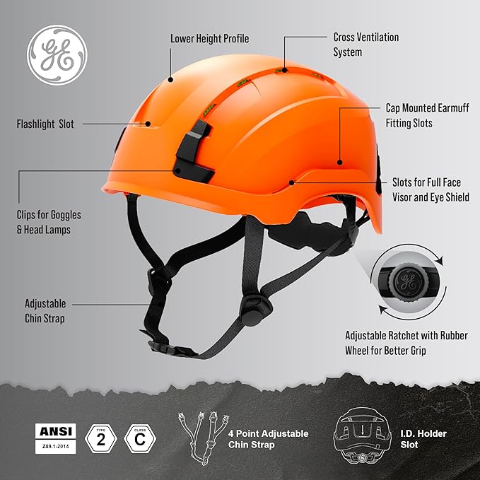 GE Safety Helmet: ANSI Type 2 Class G & E, Advanced Impact Technology, Ultra Comfortable Memory Foam, Heat Stress Reduction, Compatible with Accessories, Adjustable Size OSHA Approved
