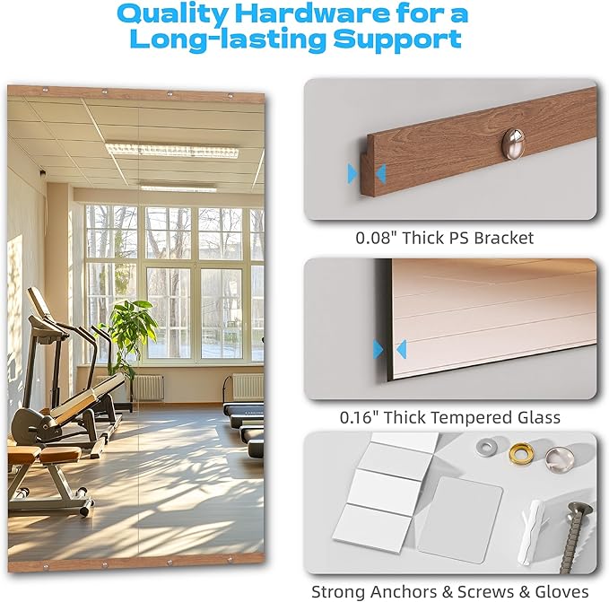 Hasipu 3Pcs 48''x24'' Home Gym Mirror Large Full Length Wall Mounted Full Body Mirror for Yoga Dance Fitness Exercise Studio Bedroom Garage, Frameless Tempered Glass Workout Mirrors Walnut Rectangular