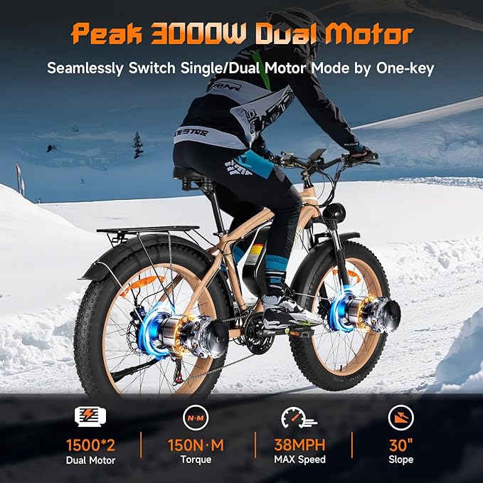 Electric Bike for Adults,Peak 2000W AWD Dual Motor Ebike,31MPH 55Miles 48V 23AH Removable Battery Electric Mountain Bike,26''*4" Fat Tire E-Bike with Front Suspension (Dual Motor Khaki)