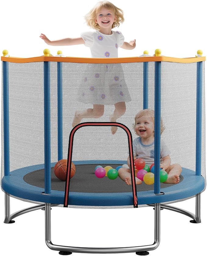Kids Trampoline with Safety Net – 440lbs Capacity, Upgraded Rust-Proof Ring Legs, Adjustable Gymnastics Bar & Toys – Indoor Outdoor Toddler Trampoline for Boys & Girls Ages 1-8