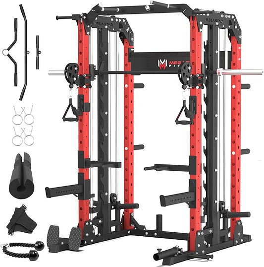 Smith Machine Home Gym with Aluminum Pulley Set- 2000lbs Capacity All-in-One Power Rack with Cable Crossover, Pull-Up Bar & Dip Station, Includes 18 Attachments, P107 Anvil