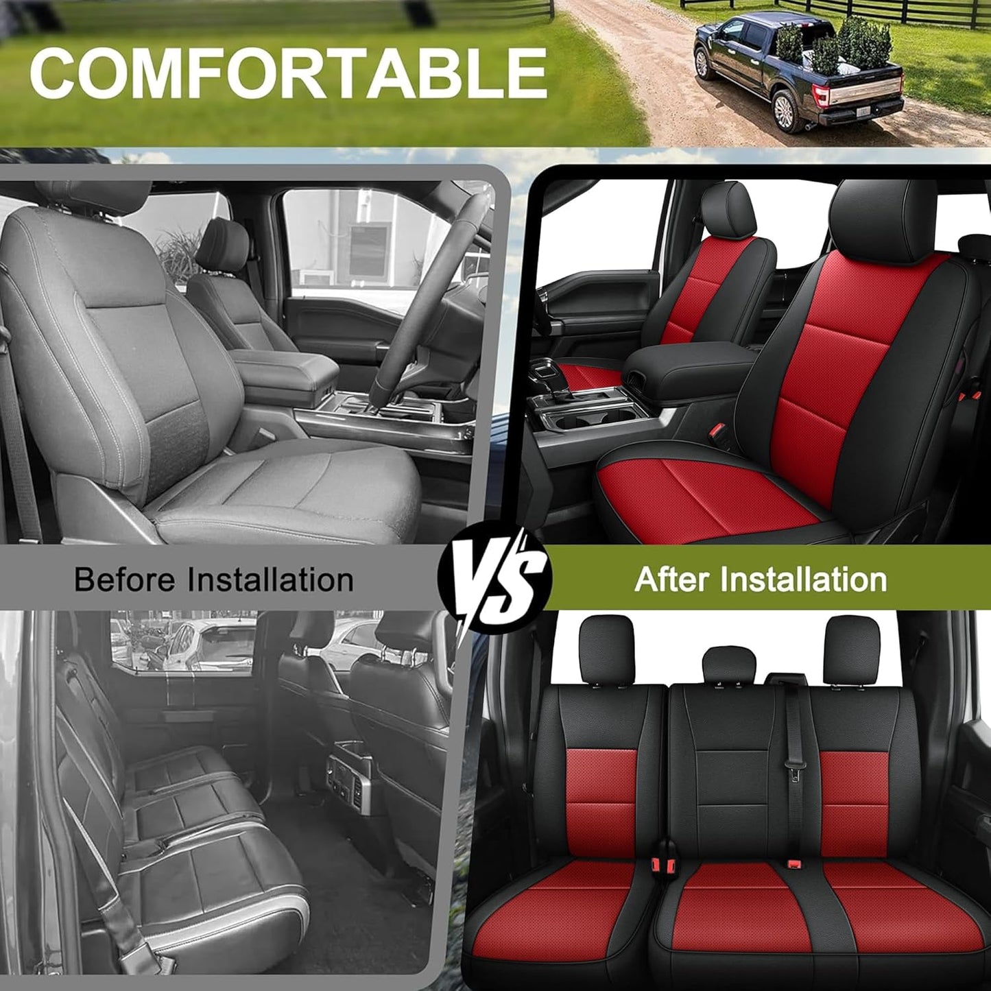 AOMSAZTO Seat Covers for Ford F150 XL XLT: 2015-2024 SuperCrew & F250 F350 F450 2017-2024 Super Duty Crew Cab XL XLT Faux Leather Full Set Seat Cover (Black + Red, Full Set)