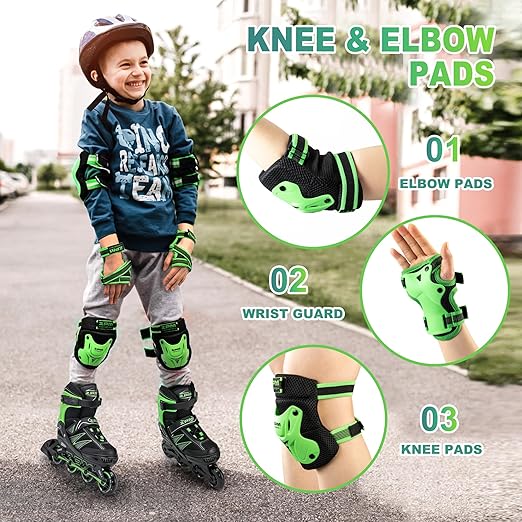 2PM SPORTS Knee Pads for Kids, Wrist Guards Knee and Elbow Pads Set with Drawstring Bag, Protective Gear Set for Girls Boys Roller Skating Cycling Skateboard - Green Small