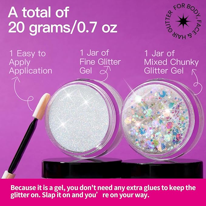 Teenitor Face Glitter, 2pcs Body Glitter Gel, Hair Glitter Gel, 20g/0.7oz Versatile Glitter Set for Face, Body, Hair, 2 Sizes White Glitter Gel for Makeup