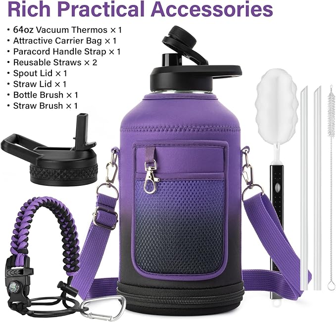 Insulated Water Bottle | Thickened Stainless Steel Vacuum Metal | Portable Sports Half Gallon Large Water Jug for Gym and Hiking with Straw, Carrier Bag, Handle Strap | BPA-Free 64 oz