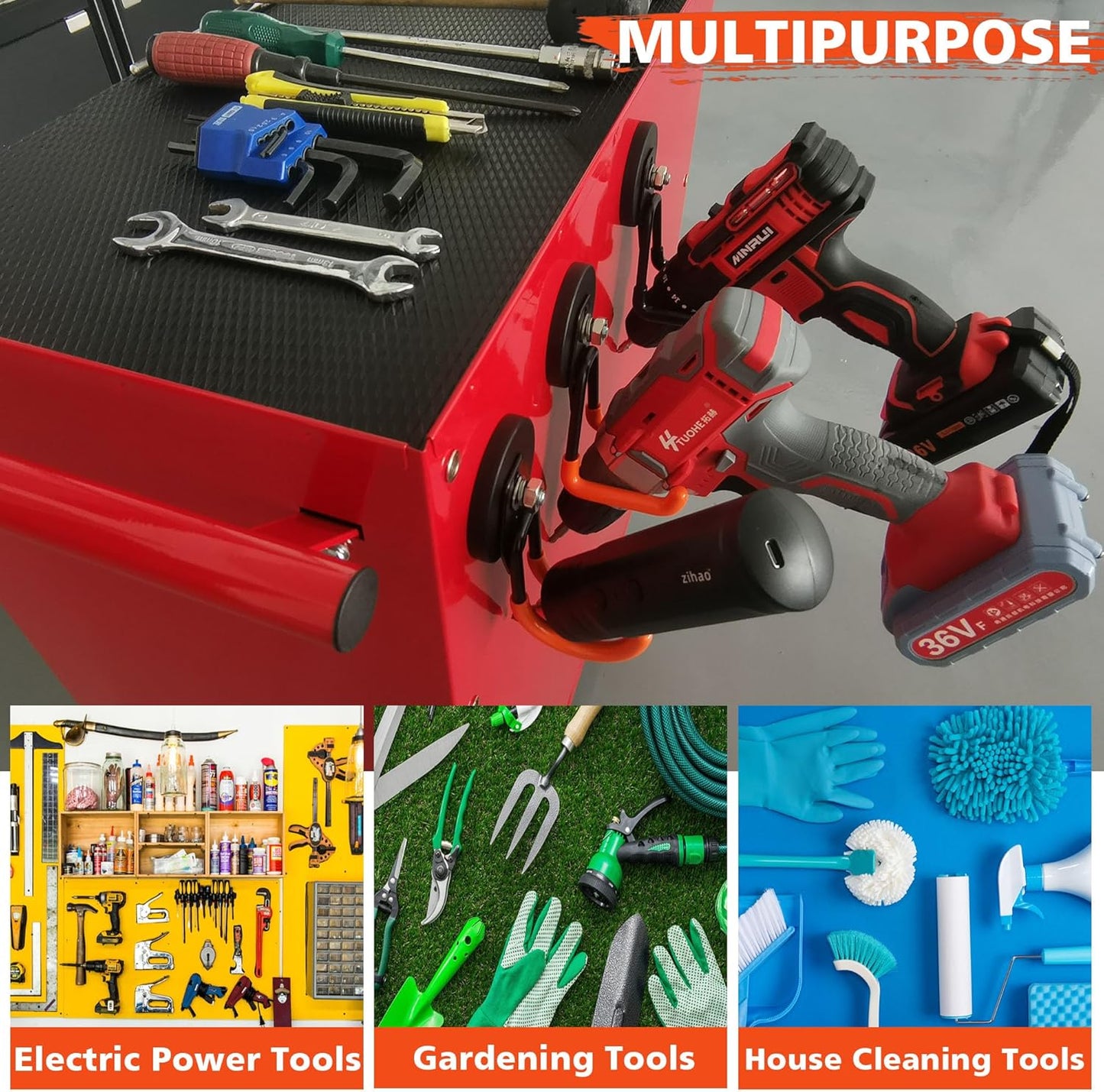 ULIBERMAGNET Heavy Duty Magnetic Garage Hooks,Strong Large Magnet Hooks for Power Drill,Garden Tools,Hose,Pegboard,Garage,Workshop,2 Pack Magnetic Storage Holder for Indoor Outdoor Hanging(Orange)