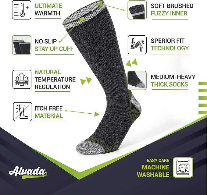 Alvada Merino Wool Hiking Socks Thermal Warm Crew Winter Boot Sock For Men & Women 3 Pairs