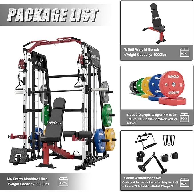Mikolo Smith Machine, 2200lbs Squat Rack with LAT-Pull Down System & Cable Crossover Machine, Training Equipment with Leg Hold-Down Attachment