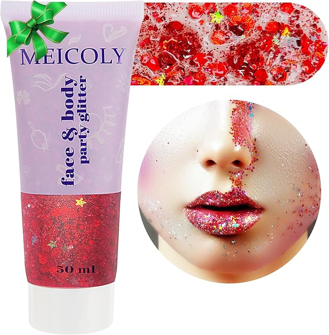 MEICOLY Red Face Body Glitter,Christmas Face Glitter Gel,Stocking Stuffers for Christmas,Sparkling Glitter Face Paint,Festival Rave Accessories Glitter Makeup,Mermaid Body Glitter Gel for Women Kids