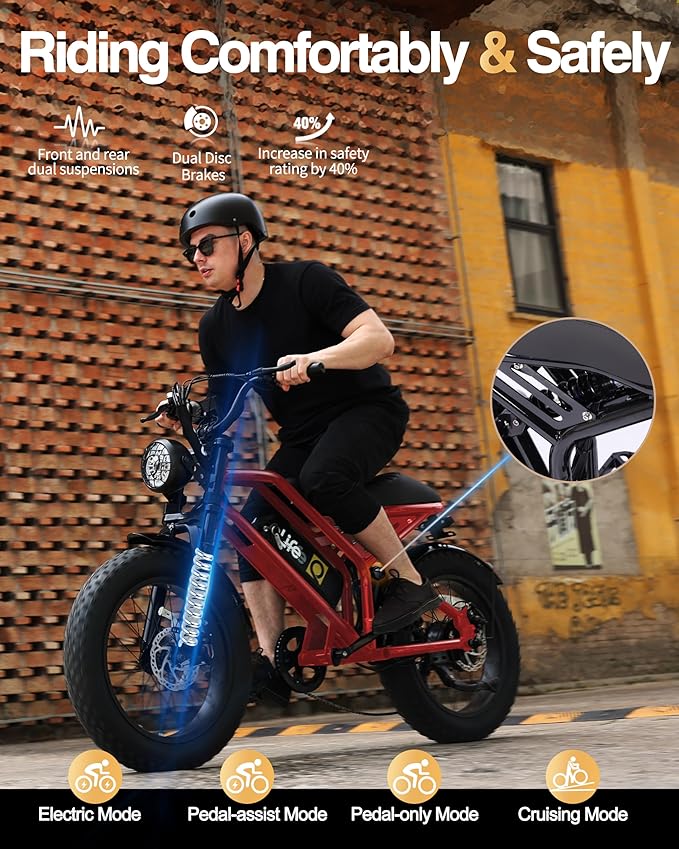 Qlife Electric Bike for Adults-1500W Peak Motor 20" Fat Tires 28MPH(Unlock to 35MPH) EBike Moped, 624-1248Wh Removable Battery Bicycle, with Dual Suspension & Brakes Motorcycle, 7-Speed,Spark