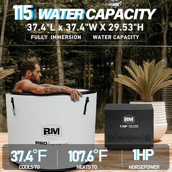 Inflatable Cold Plunge Tub with Chiller, 1 HP Water Chiller for Ice Bath Tub, Hot & Cold Mode Machine with Ozone, Smart WiFi, Dual Filters, Fast Cooling, 115 Gallon, 37.4" L x 37.4" W x 29.53" H