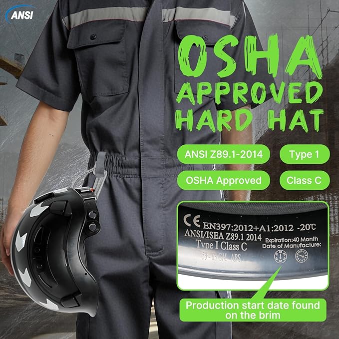 AOLAMEGS Construction Safety Hard Hat - ANSI Z89.1 Type Ι OSHA Approved Safety Helmets with Chin Straps Lightweight Reflective Vented ABS Hard Hats For Men Women Industrial Workwear 6-point Suspension