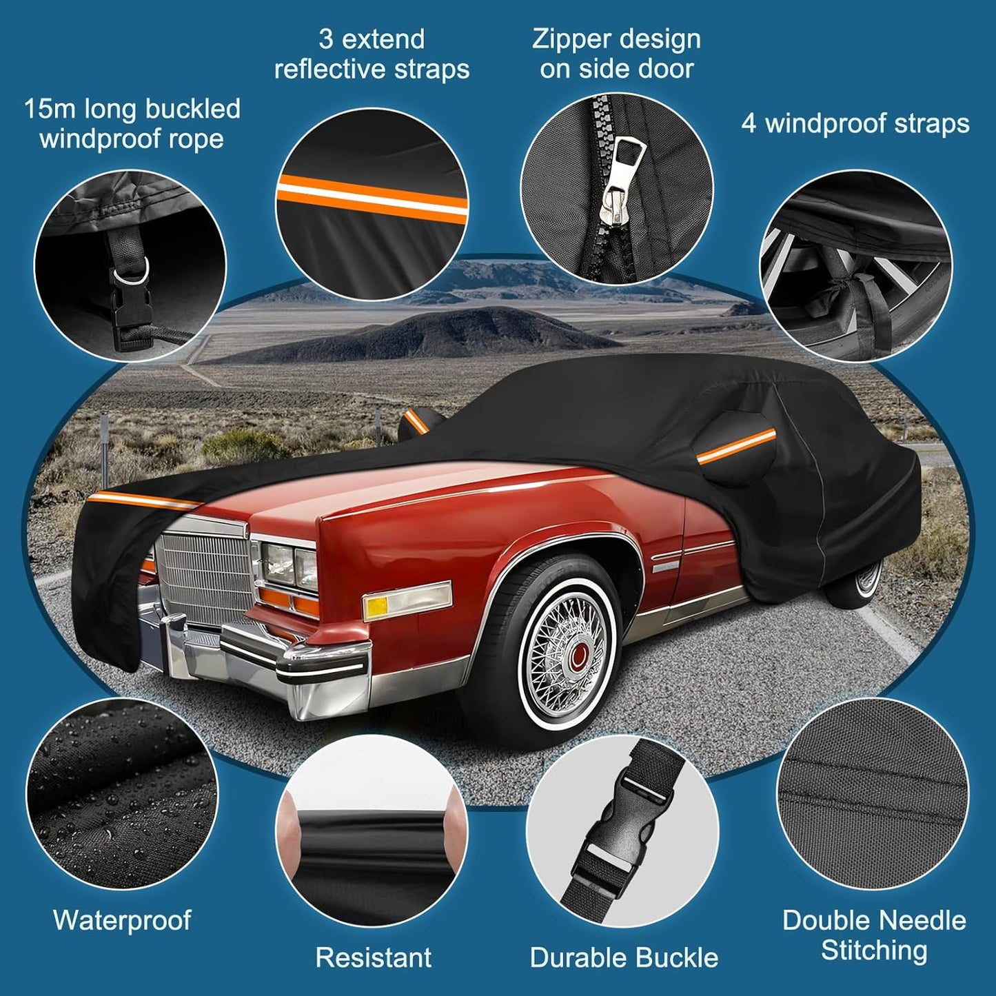 Car Cover for Cadillac Eldorado Biarritz/Brougham/Fleetwood/Convertible 1979-1991, Waterproof 210D Oxford Cloth and Cotton Cover Outdoor Car Cover with Zipper Windproof Heavy Duty All Weather