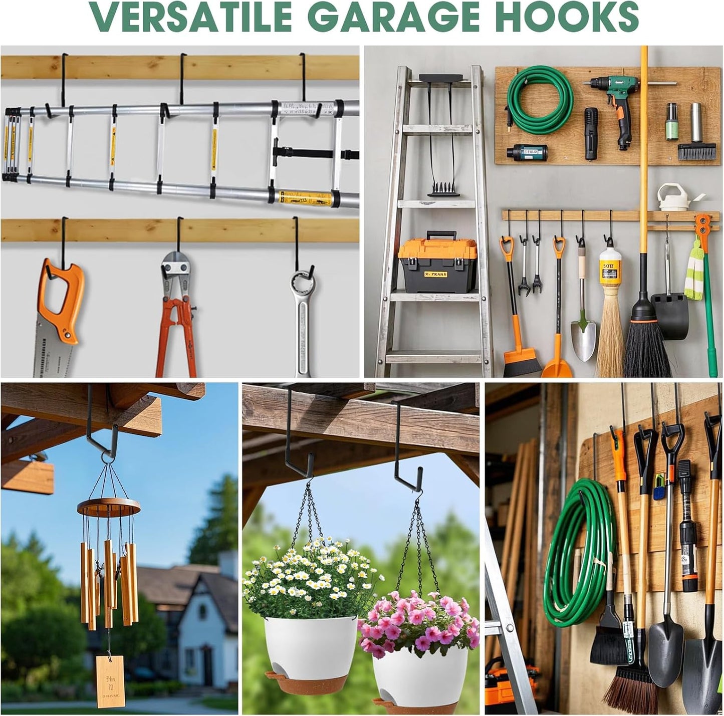 Bike Hooks for Garage 6 Pcs Ceiling Bike Hangers, Steel Metal Large Hook with Non Slip Coating, Storage Organizer Bicycle Hooks for Hanging Ladder Plants Chairs Sport Equipment (Black)