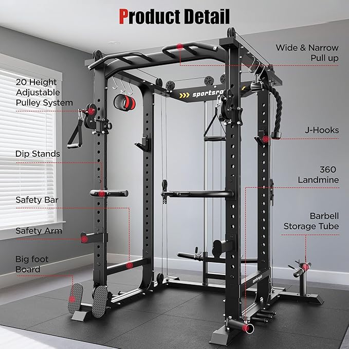 Sportsroyals Power Cage,1600lbs Multi-Function Power Rack with Adjustable Cable Crossover System and More Training Attachment, Weight Cage for Home Gym