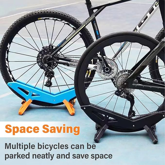 Adjustable Bike Parking Stand Fits 16-29 Inch Bicycles, Compatible with 23c-3.0 Tire Width – Heavy-Duty Plastic, Easy Installation, Stylish Two-Tone Design (Blue&Orange)