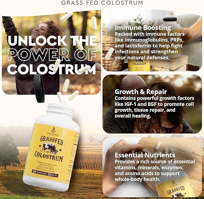 Ancestral Supplements Grass Fed Beef Colostrum Supplement, 3000 mg, Offers Immune Support and Promotes Gut Health, Athletic Performance, Healthy Iron Levels, Growth and Repair, Non GMO, 180 Capsules