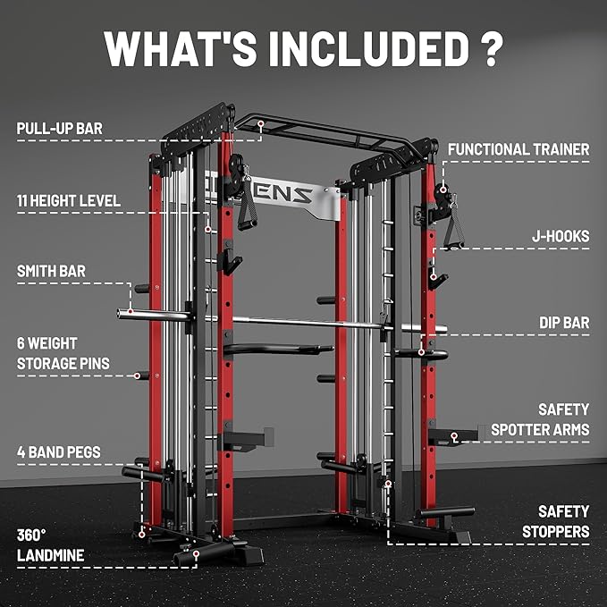 Smith Machine for Home Gym, Multi-Function M12 Power Cage with Cable Crossover System, Squat Rack with Smith Bar and More Attachment