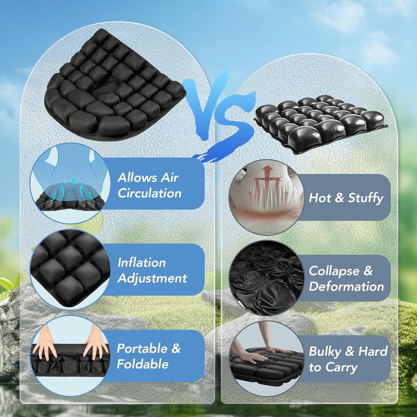 Travel Seat Cushion, 3D Air Inflatable Pressure Relief Cushion for Hemorrhoid and Tailbone Pain Relief, Optimal Support for Long Sitting in Car, Air Travel, Office Chairs, Home Living (Black)