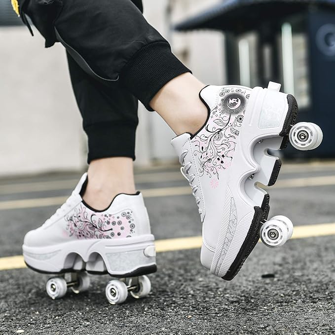 Double-Row Deform Wheel Automatic Walking Shoes Invisible Deformation Roller Skate 2 in 1 Removable Pulley Skates Skating Parkour