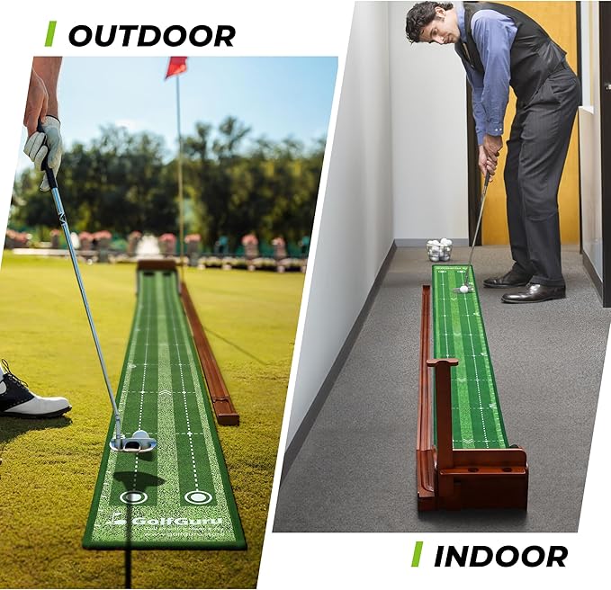 Golfguru Putting Green, 9.8ft Golf Putting Mat with Automatic Ball Return Track & Putting Mirror, Indoor Putting Greens for Home with Thickened Wrinkle-Free Crystal Velvet, Golf Accessories for Men