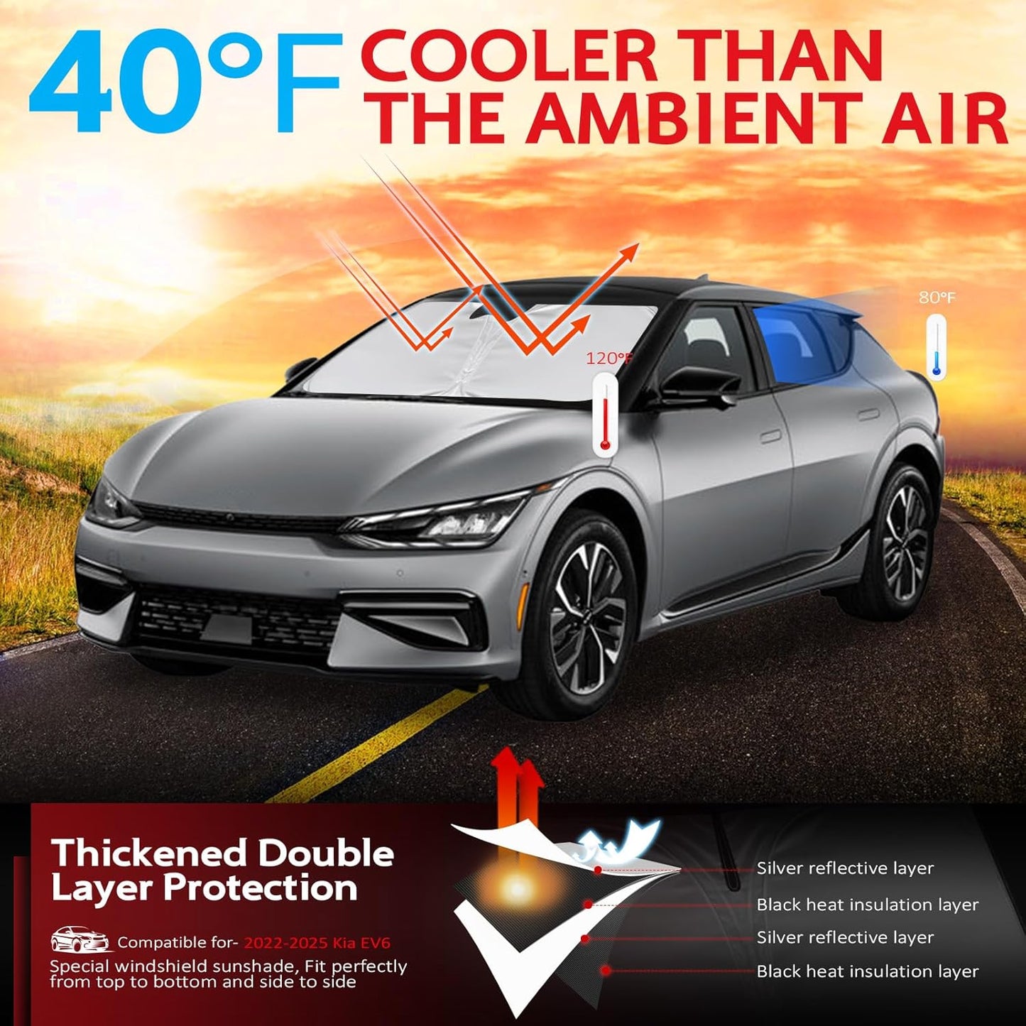 KAYZT Windshield Sun Shade for 2022-2025 2026 Kia EV6 Foldable Sunshade Front Window Custom Fit Car Accessories