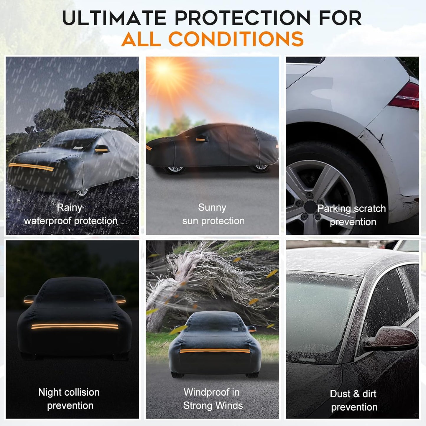 Hatchback Car Cover Waterproof All Weather for Automobiles，Outdoor Heavy Duty Full Exterior Covers with Zipper Door, Rain Sun Snow Dust UV Protection, Windproof Straps & Reflective Strips(Up to 165")