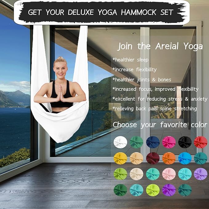 5.5 Yards Aerial Silks Yoga Swing Set - Aerial Yoga Hammock Kit Anti-Gravity Flying for Fitness, Low/Non Stretch Nylon Tricot Fabric Hardware Included for Dance