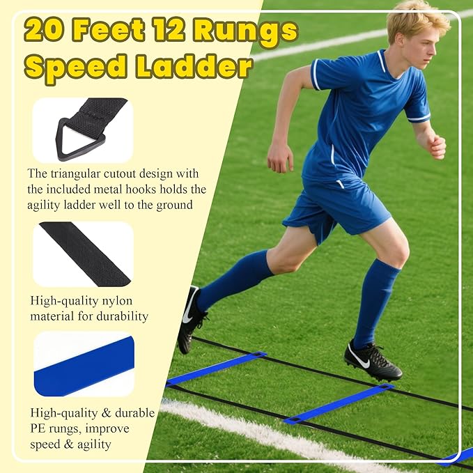 Agility Ladder, Agility Speed Training Set, 20ft 12 Rung Agility Ladder, 4 Agility Hurdles, 5 Resistance Bands, 12 Resistance Cones, Running Parachute, Jump Rope for Athletes, Adults