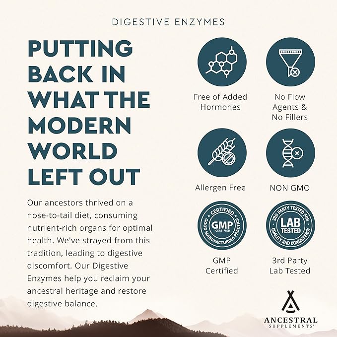 Ancestral Supplements Digestive Enzymes for Women & Men, 90 Capsules, with Probiotics and Grass Fed Beef Organs, Supports Gut Health, Digestive Health & Nutrient Absorption, Allergen Free, Non GMO