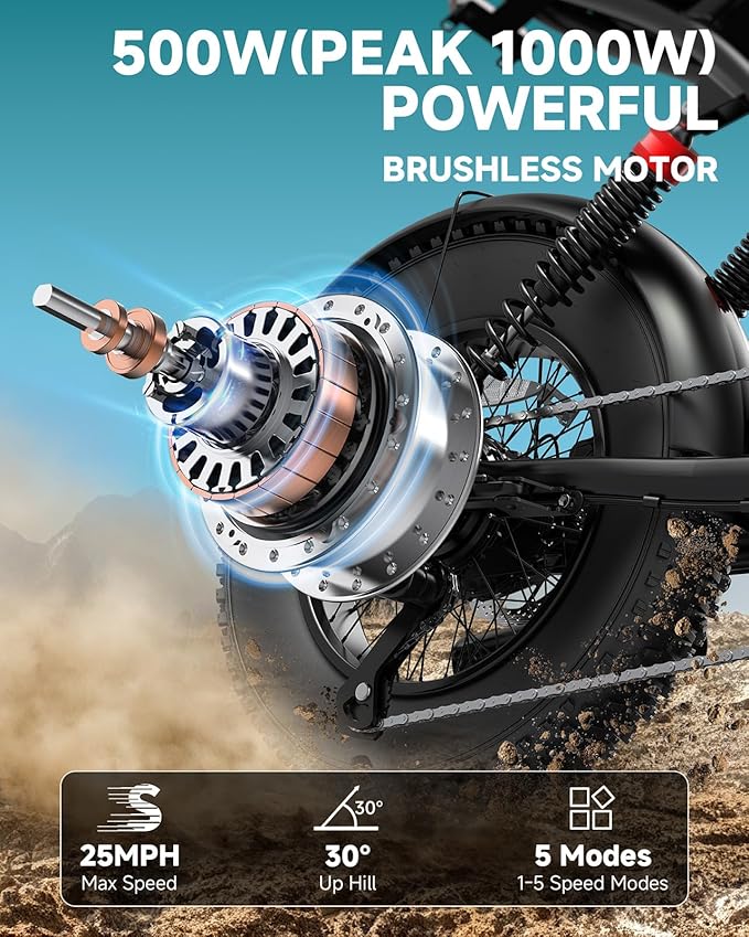 500W/750W Fat Tire Electric Dirt Bike for Adults, 48V 13.5AH/18AH Removable Battery 16"/20" Electric Motorcycle Ebikes with 31MPH Top Speed, 40-70 Miles Range, Full Suspension