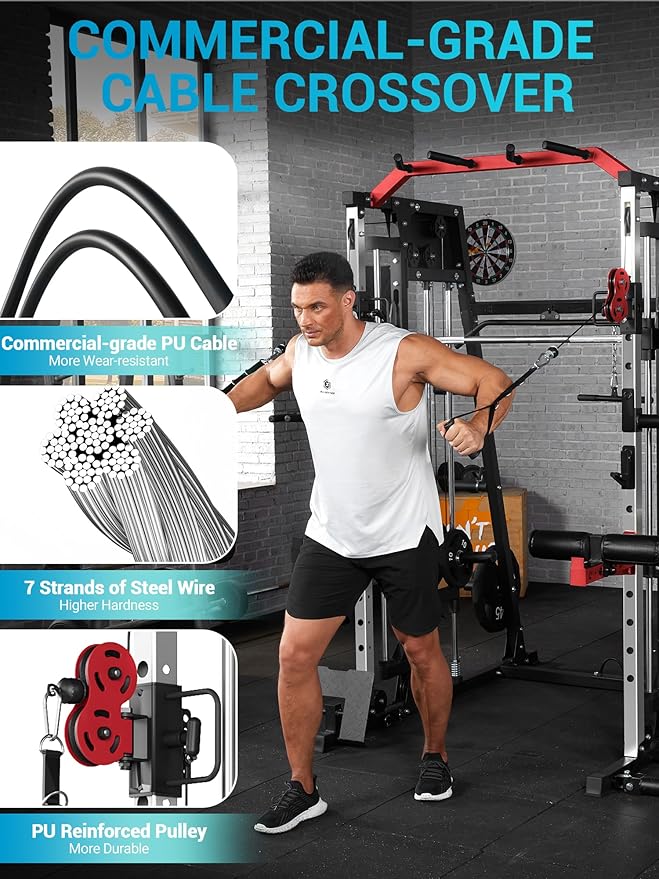 Smith Machine, Power Cage Squat Rack with Cable Crossover, Dual Pulley System, Pull-Up Bar, Home Gym Workout Equipment with Attachments for Strength Training and Weightlifting