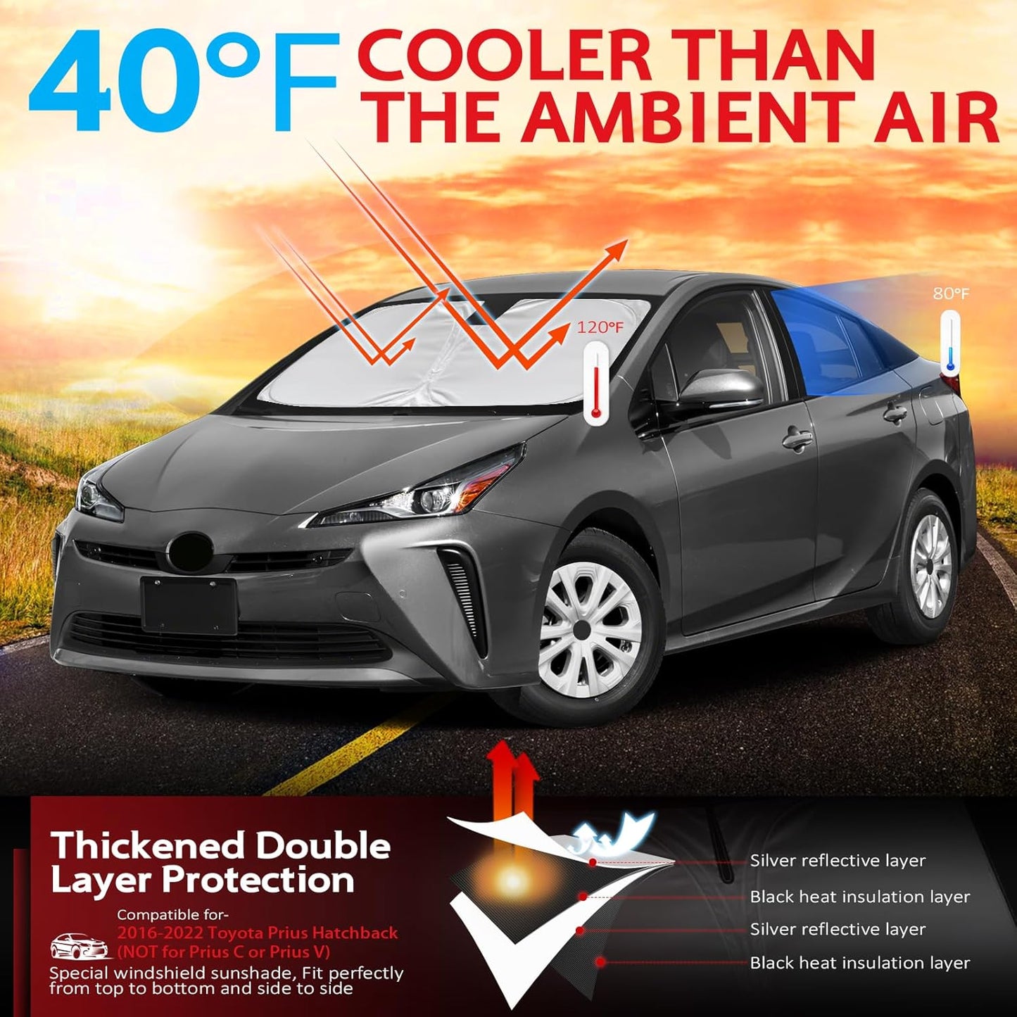 KAYZT Windshield Sun Shade for 2016-2022 Toyota Prius Hatchback(NOT for Prius C or Prius V) Foldable Sunshade Front Window Custom Fit Car Accessories