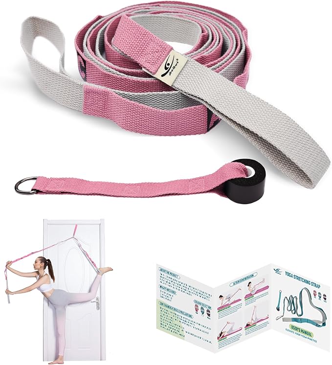 HiRui Stretching Strap Yoga Strap with Door Anchor, 14-Loops Non-Elastic Stretch Straps for Physical Therapy, Pilates, Dance, Gymnastics | Stretch Band with Workout Guide for Women & Men