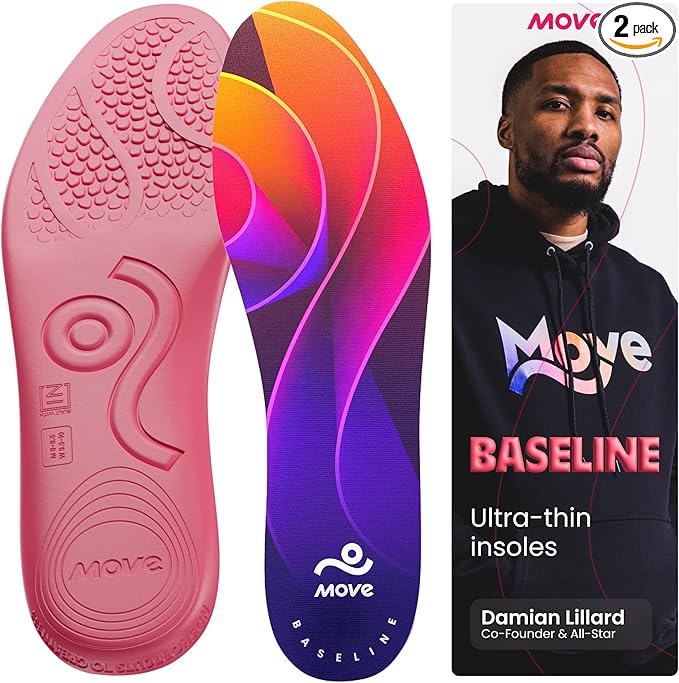 MOVE Baseline - All-Purpose Insoles - Sock Liner - Ultra Thin Shock Absorption - Maximum Freedom of Movement and Energy Return Cleats, Shoes, Running, Basketball, Baseball (M9-9.5/W10.5-11)