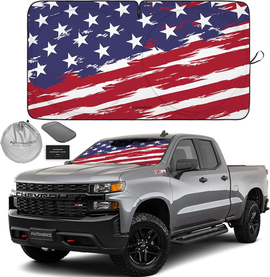 Autoamerics 1-Piece Windshield Sun Shade USA Art Flag - 2 American Design - Foldable Car Front Window Sunshade for Most Sedans SUV Truck - Blocks Max UV Rays and Keeps Your Vehicle Cool - Large