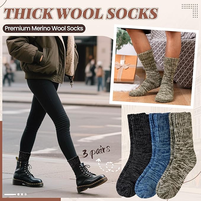 Merino Wool Boot Socks Thermal Winter Ski Thick Warm Hiking Socks for Women Men 3 Pairs