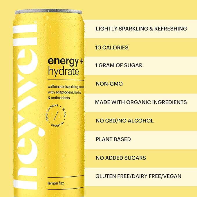 Heywell Sparkling Adaptogenic Water Energy and Focus, Lemon Fizz Flavor 12 Fluid Ounce (Pack of 12) - Caffeinated, Organic, Non GMO, Vegan, Gluten Free, Dairy Free