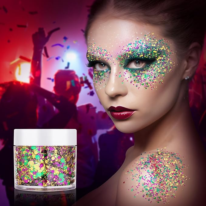 Mardi Gras Accessories Gold Face Glitter,Green Purple Gold Mixed Holographic Body Glitter Glitter,Festival Sequins for Face and Body, New Orleans Decorative Carnival Decorations